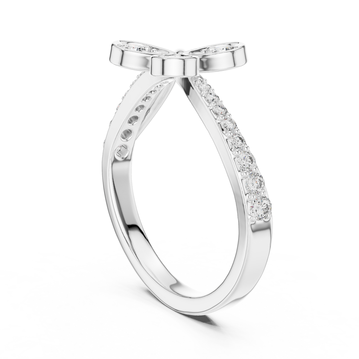 Three Petal Flower Bypass Moissanite Ring in white 925 sterling silver, view 1