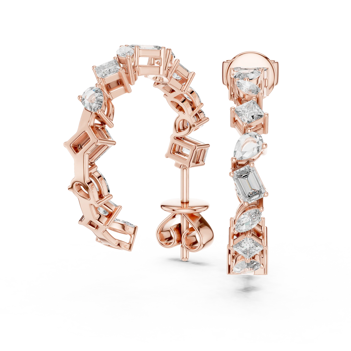 Mixed shape moissanite front hoop earrings in rose 925 sterling silver, view 1