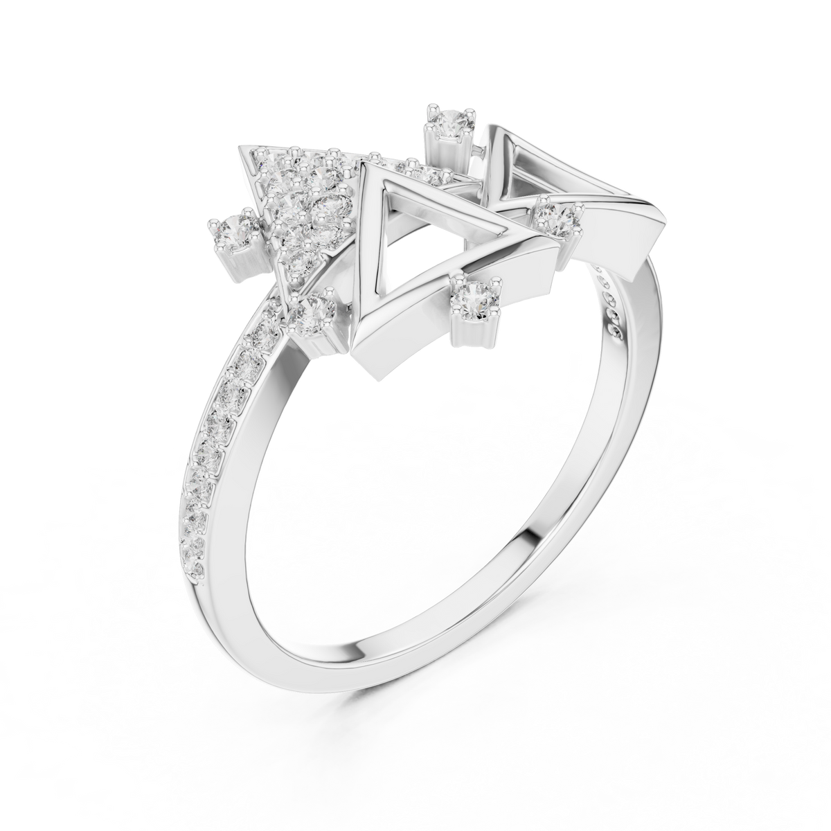 Geometric Triangle Pavé Moissanite Cocktail Ring in white 925 sterling silver, view 2