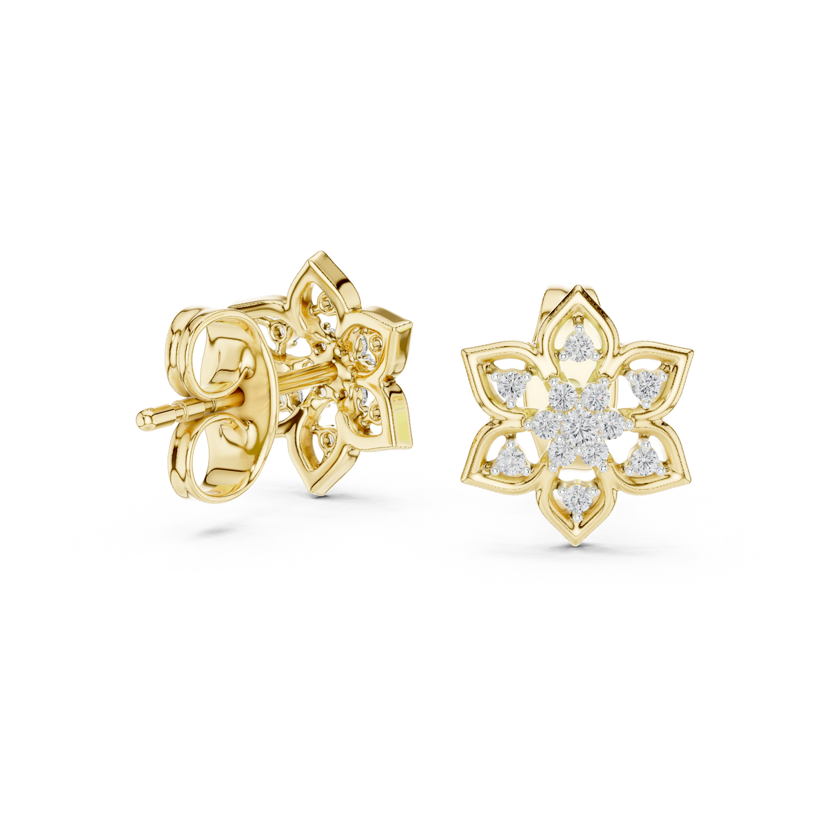 Moissanite Lotus Star Stud Earrings in yellow 925 sterling silver, view 1