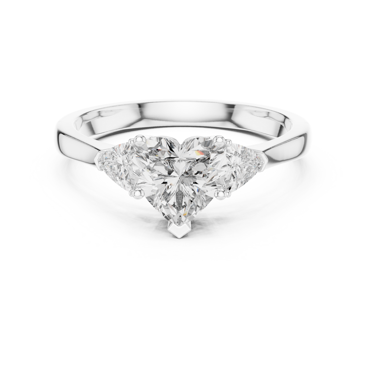 Heart and Trillion Three Stone Moissanite Ring in white 925 sterling silver, view 4