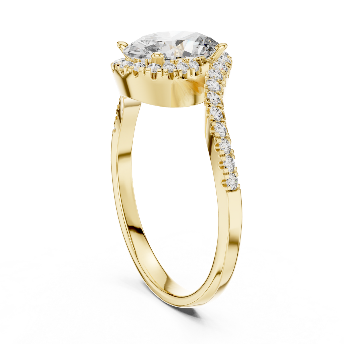 Oval Halo Moissanite Swirl Bypass Ring in yellow 925 sterling silver, view 1