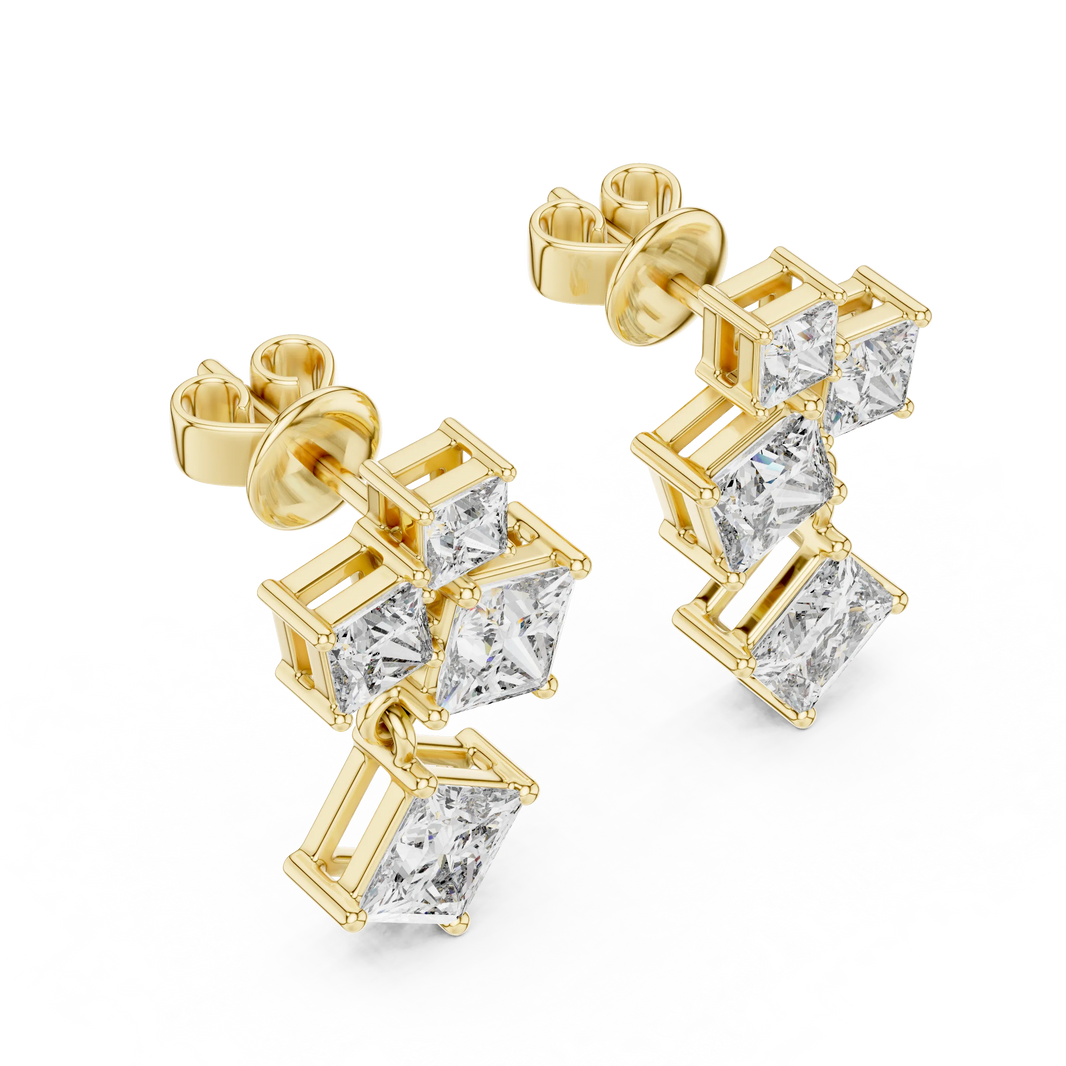 Princess cut moissanite cluster drop earrings in yellow 925 sterling silver, view 2