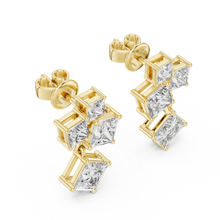 Princess cut moissanite cluster drop earrings in yellow 925 sterling silver, view 2