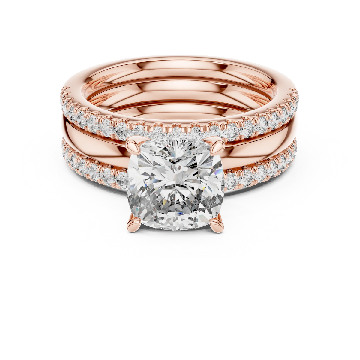 Cushion Cut Solitaire Moissanite Ring with Double Pavé Band in rose 925 sterling silver, view 4