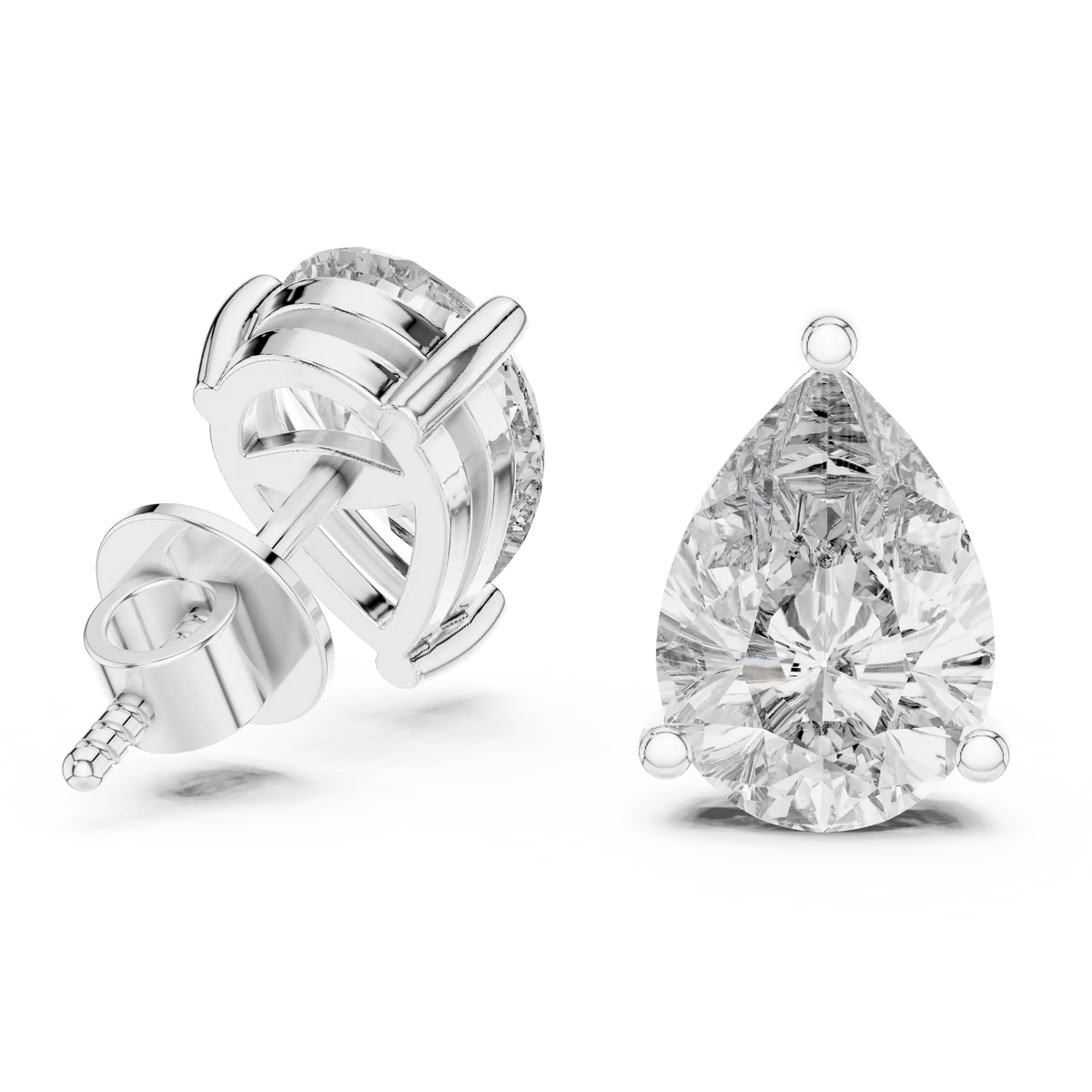 Pear moissanite stud earrings in white 925 sterling silver, three-prong basket, view 1