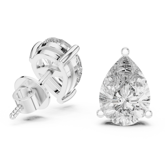 Pear moissanite stud earrings in white 925 sterling silver, three-prong basket, view 1