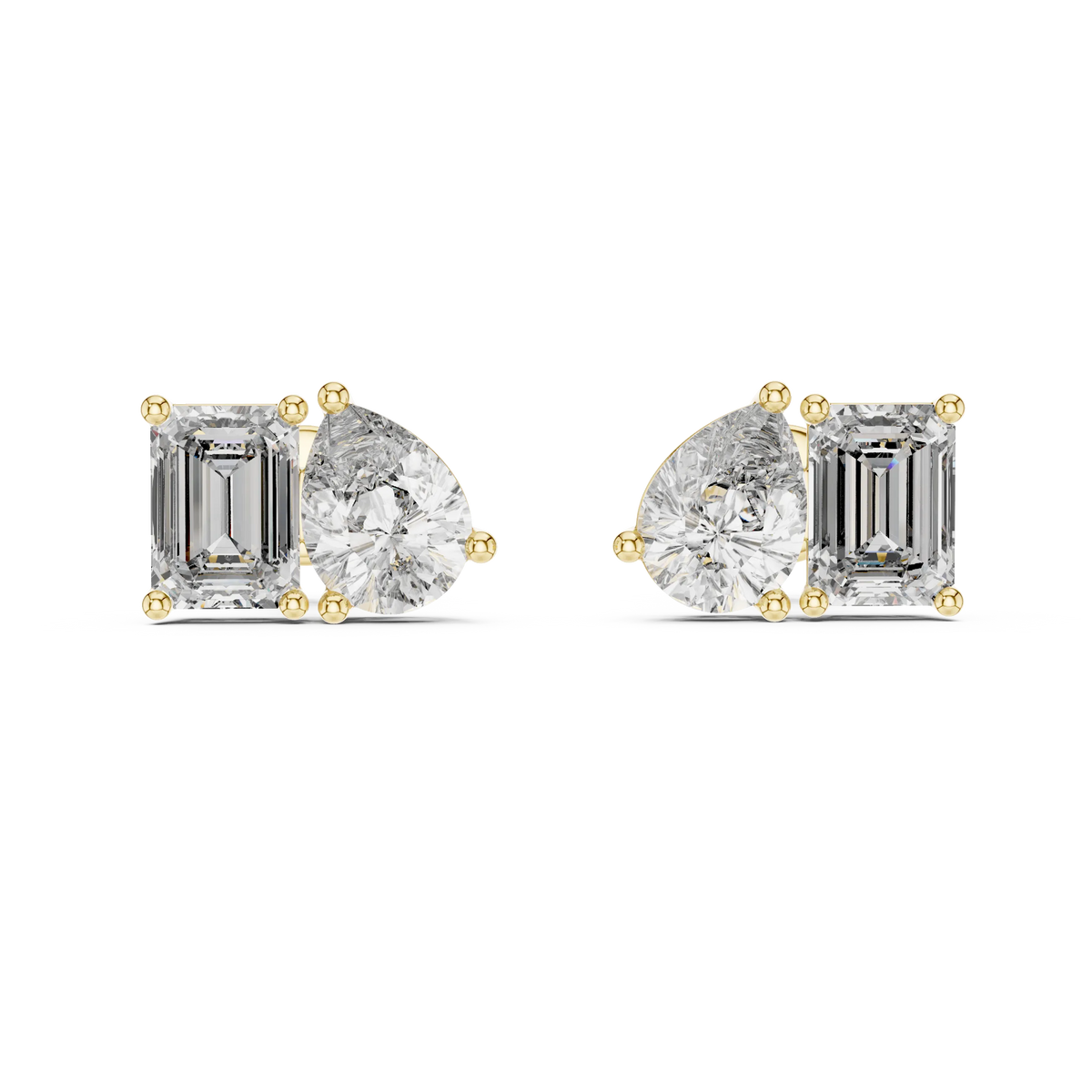 Pear and emerald moissanite toi et moi stud earrings in yellow 925 sterling silver, view 4