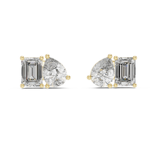 Pear and emerald moissanite toi et moi stud earrings in yellow 925 sterling silver, view 4