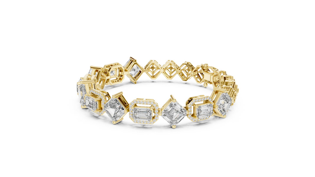 Asscher and Emerald Halo Station Moissanite Bracelet in yellow 925 sterling silver, view 2