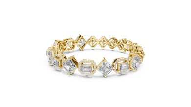 Asscher and Emerald Halo Station Moissanite Bracelet in yellow 925 sterling silver, view 2