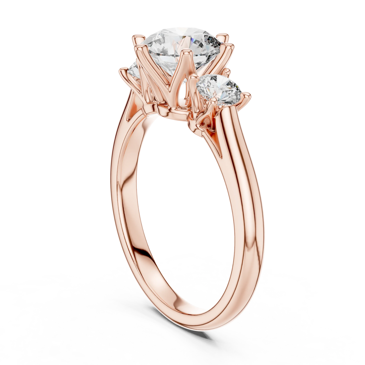 Round Three Stone Moissanite Engagement Ring in rose 925 sterling silver, view 1