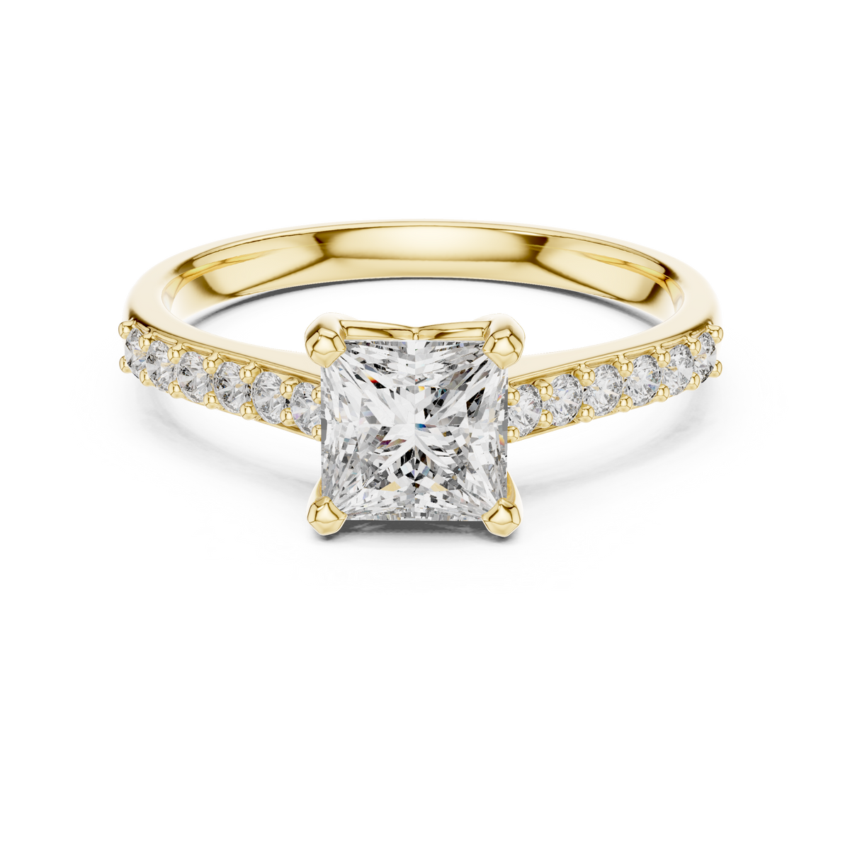 Princess Cut Moissanite Ring with Pavé Shoulders in yellow 925 sterling silver, view 4