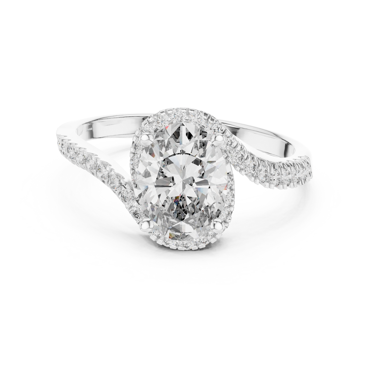 Oval Halo Moissanite Swirl Bypass Ring in white 925 sterling silver, view 4