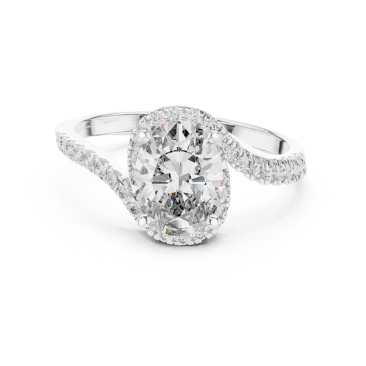 Oval Halo Moissanite Swirl Bypass Ring in white 925 sterling silver, view 4