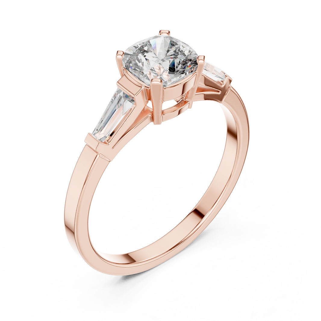 Cushion Cut Moissanite Ring with Tapered Baguette Sides in rose 925 sterling silver, view 2