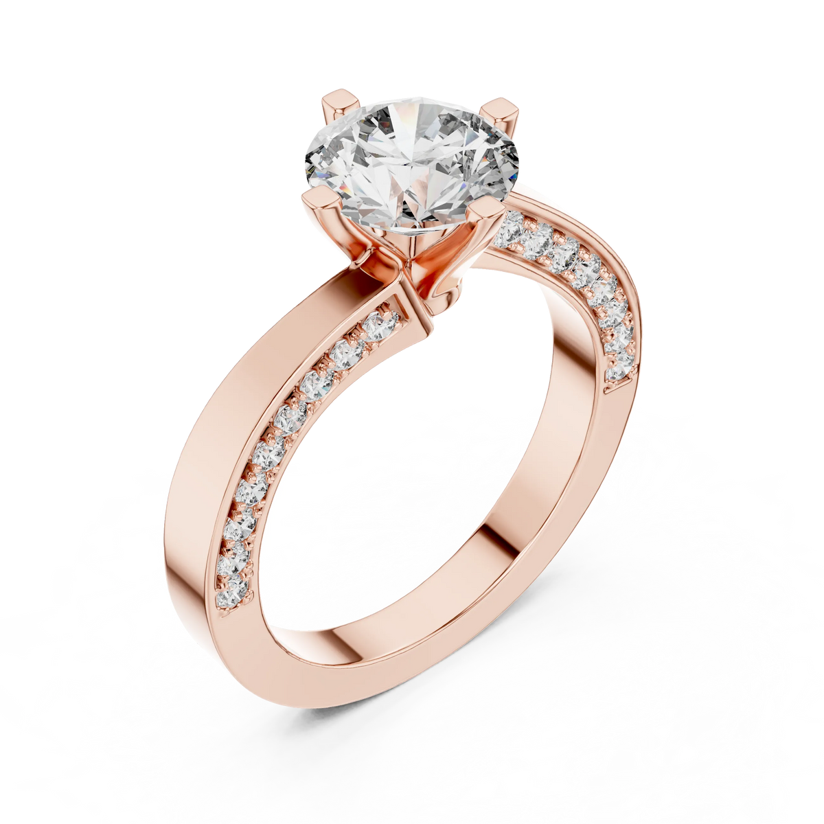 Round Solitaire Moissanite Ring with Pavé Cathedral Shank in rose 925 sterling silver, view 2