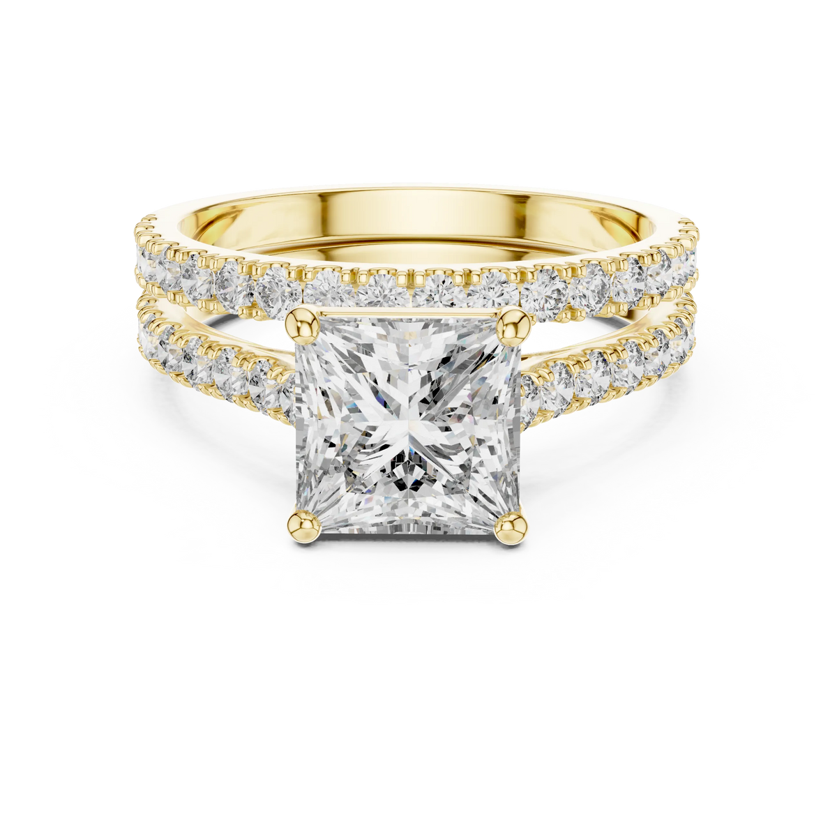 Princess Cut Moissanite Double Pavé Band Ring in yellow 925 sterling silver, view 4