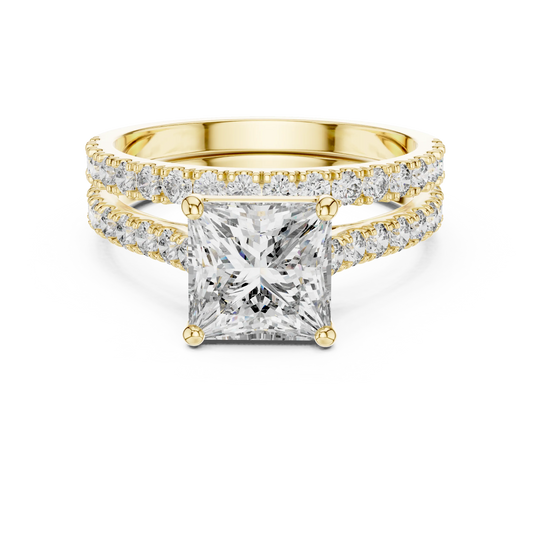 Princess Cut Moissanite Double Pavé Band Ring in yellow 925 sterling silver, view 4