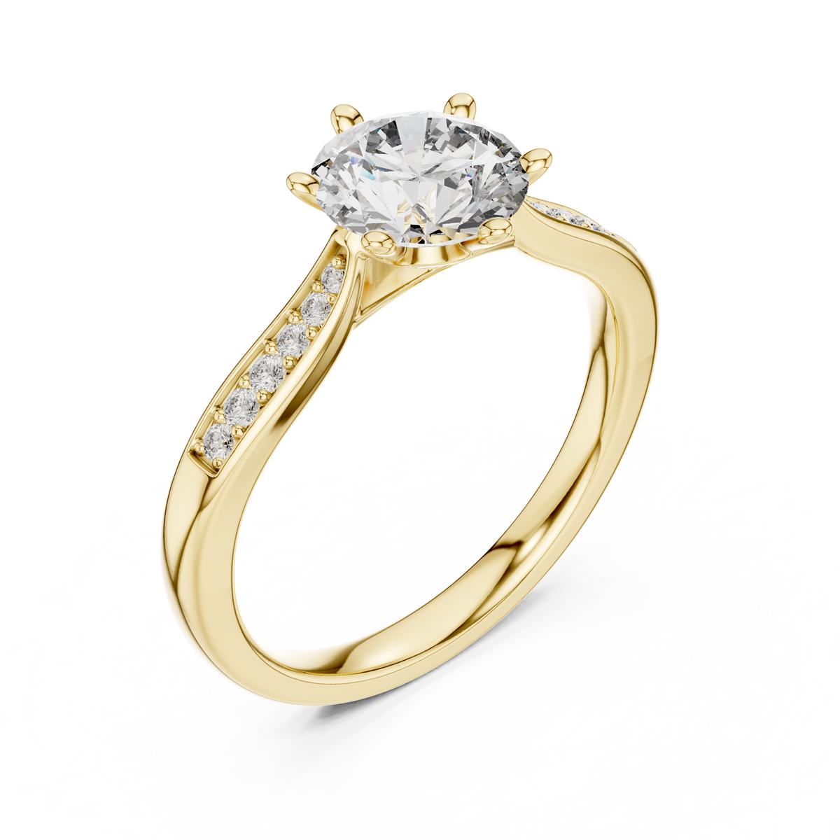 Round Six Prong Moissanite Ring with Pavé Shoulders in yellow 925 sterling silver, view 2