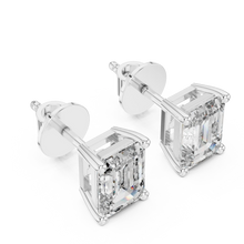Emerald moissanite stud earrings in white 925 sterling silver, four-prong basket, view 2
