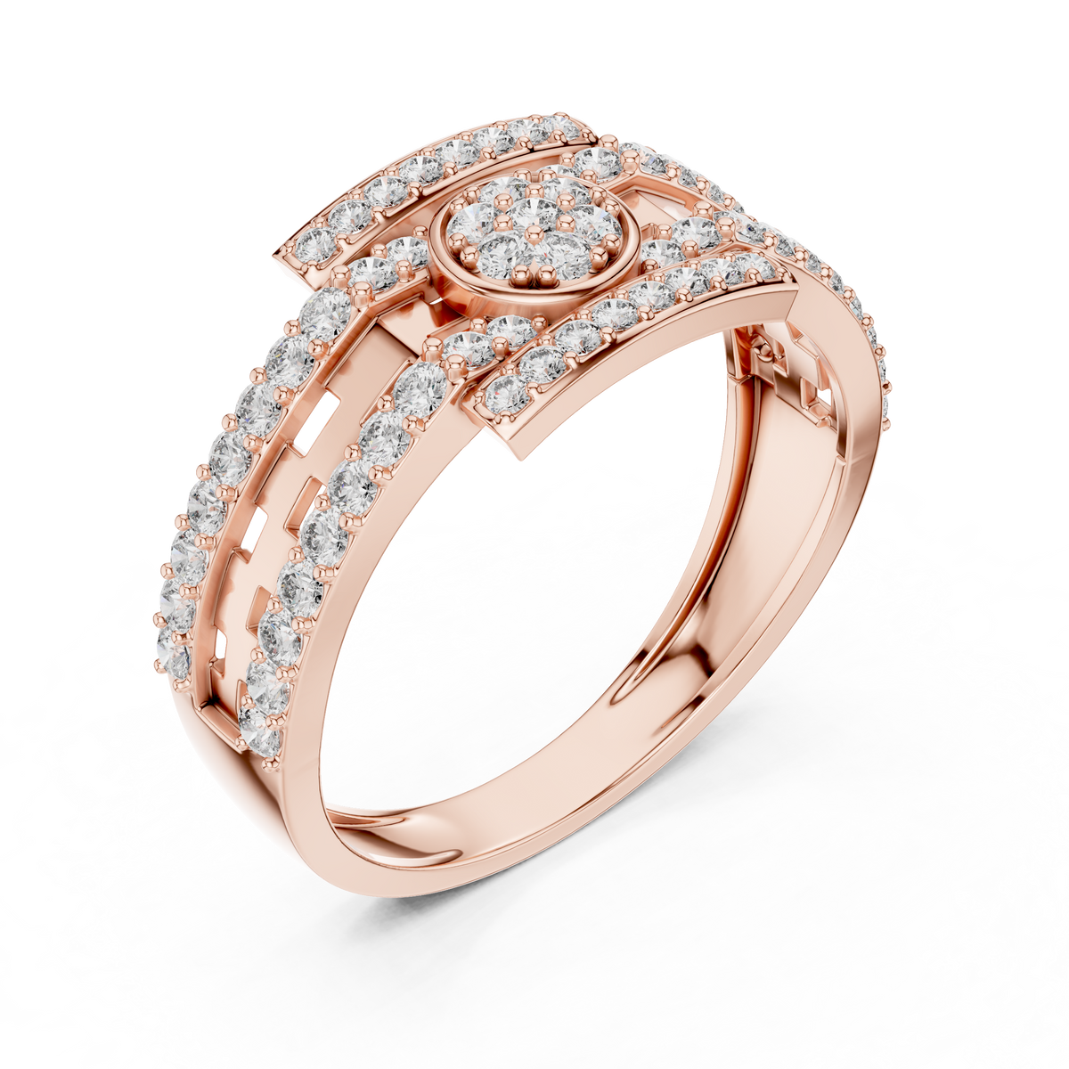 Round Cluster Multi-Row Moissanite Statement Band in rose 925 sterling silver, view 2
