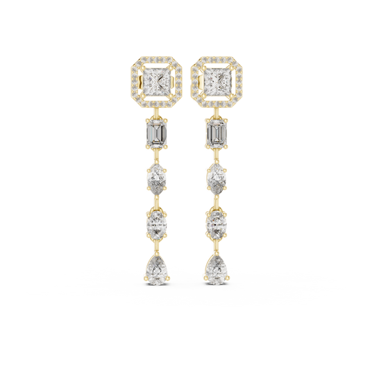 Princess Halo Mixed Shape Moissanite Line Drop Earrings in yellow 925 sterling silver, view 4