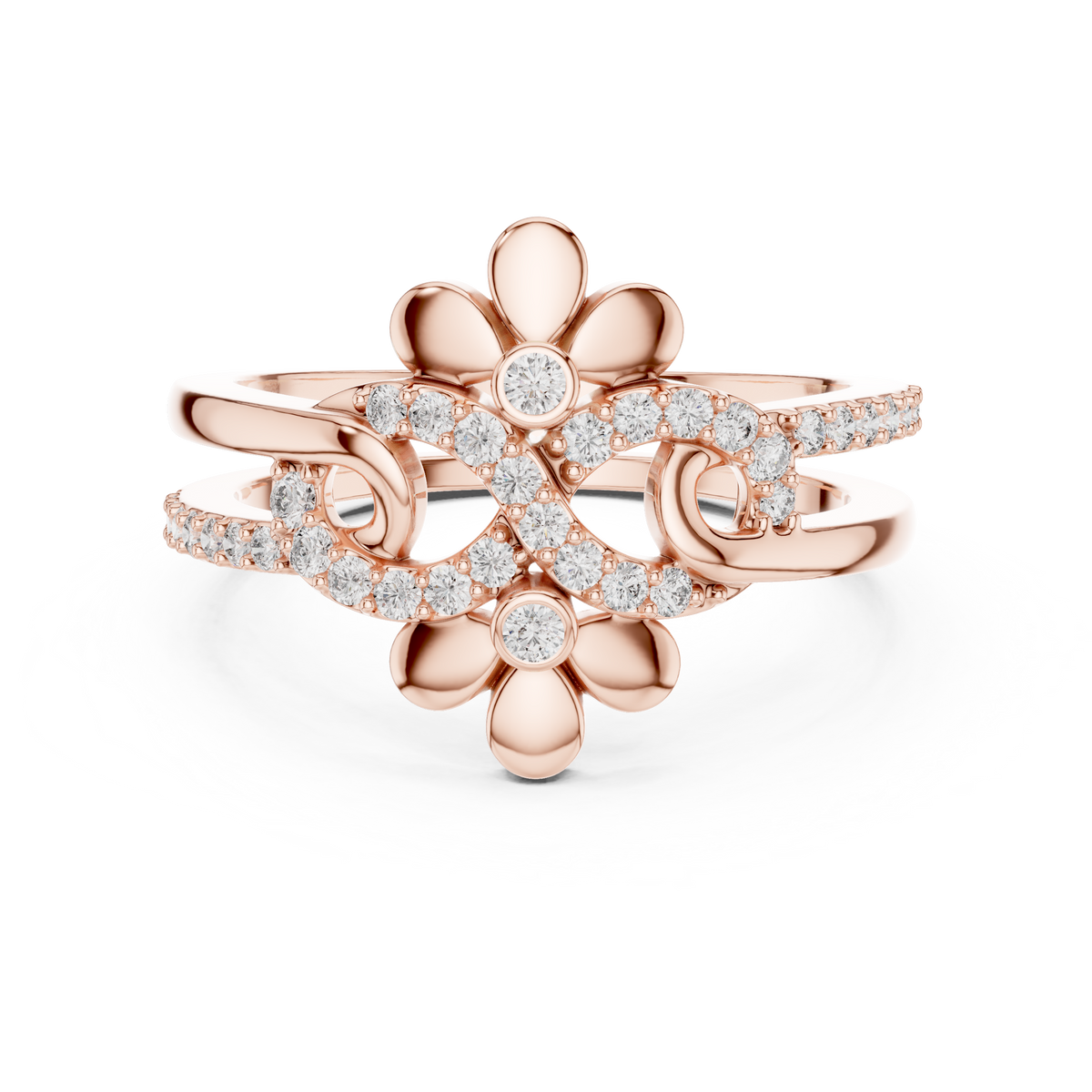 Double Flower Infinity Swirl Moissanite Ring in rose 925 sterling silver, view 4