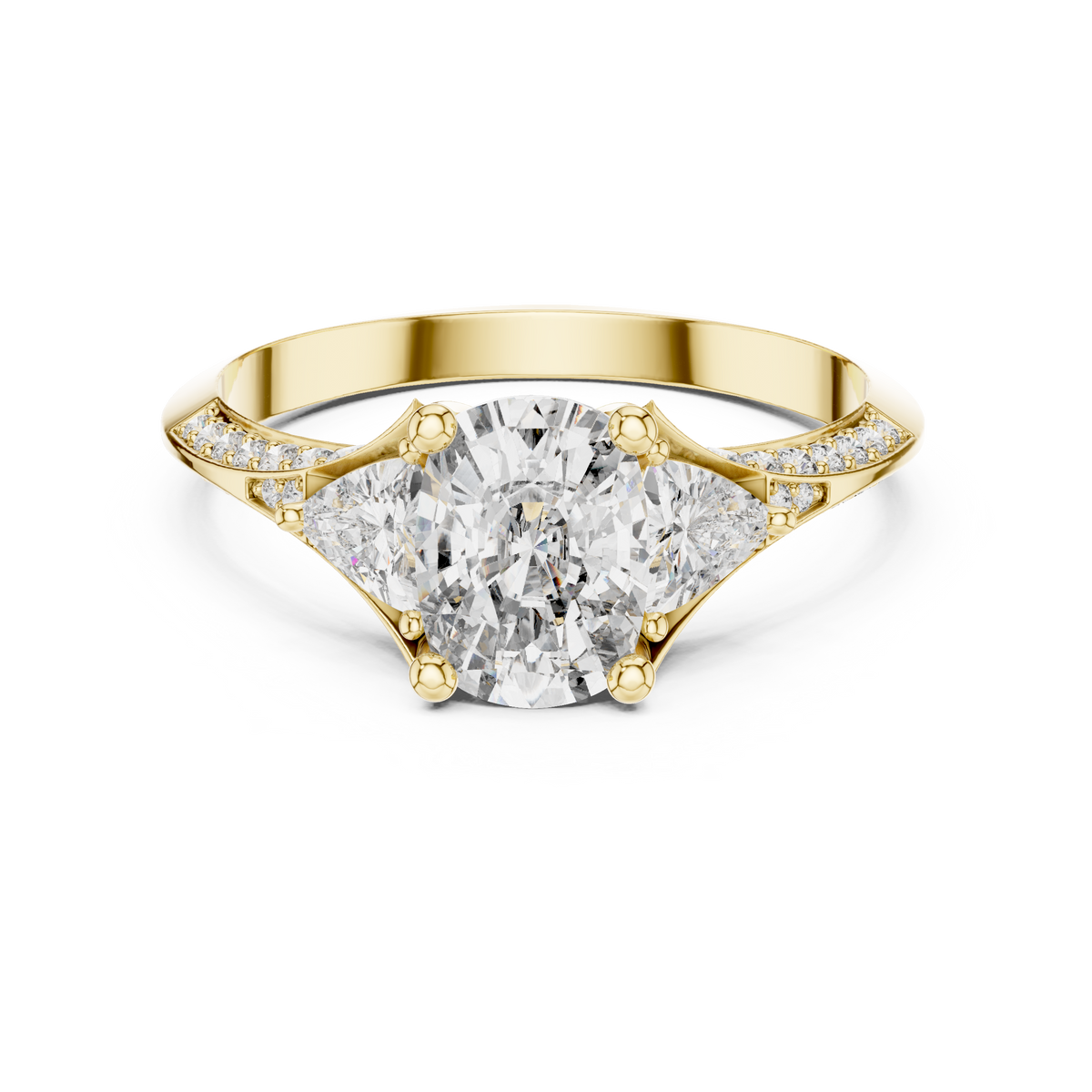 Elongated Cushion and Curved Trillion Moissanite Ring with Pavé Split Shoulders in yellow 925 sterling silver, view 4