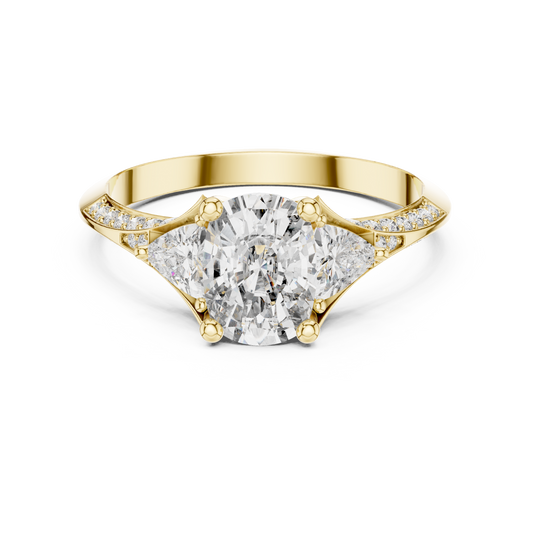 Elongated Cushion and Curved Trillion Moissanite Ring with Pavé Split Shoulders in yellow 925 sterling silver, view 4