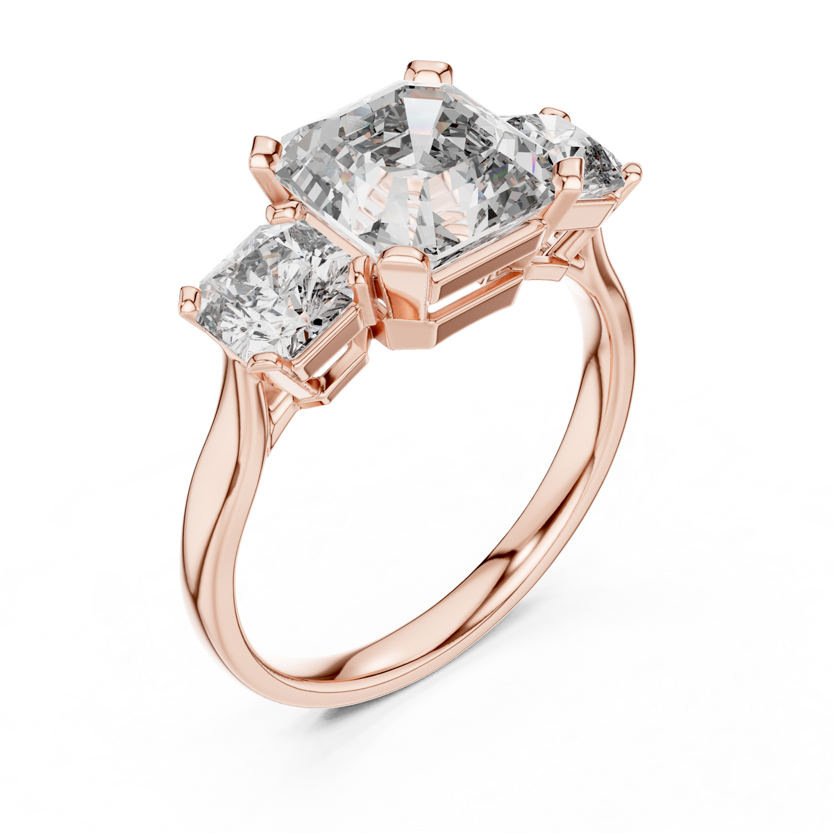 Asscher Cut Three Stone Moissanite Statement Ring in rose 925 sterling silver, view 2
