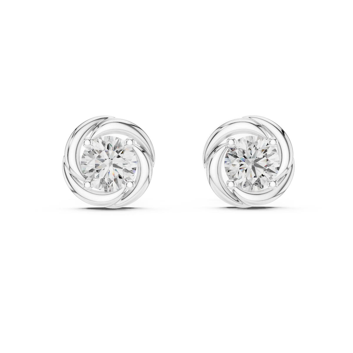 Round moissanite swirl stud earrings in white 925 sterling silver, view 4
