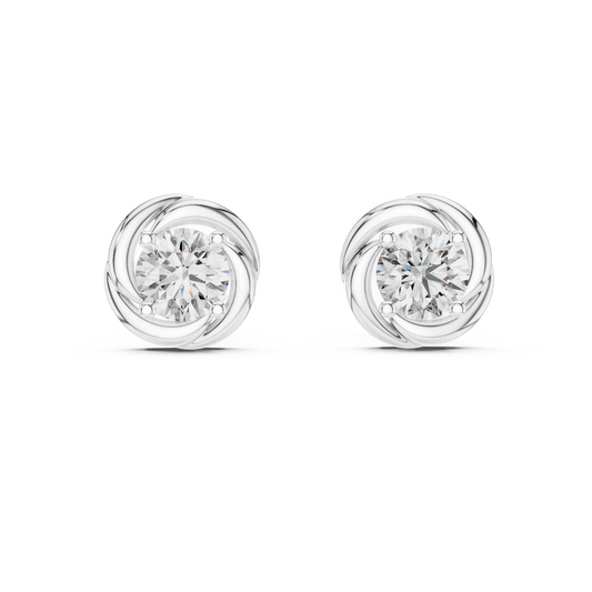 Round moissanite swirl stud earrings in white 925 sterling silver, view 4