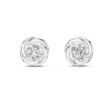 Round moissanite swirl stud earrings in white 925 sterling silver, view 4