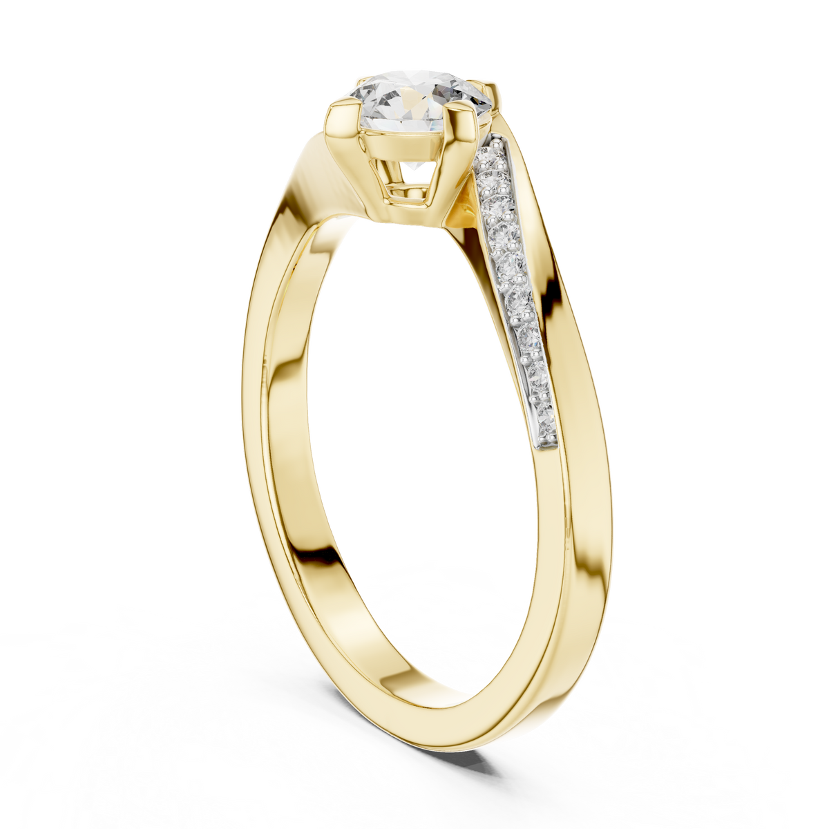 Bypass Solitaire Moissanite Ring with Pavé Shoulders in yellow 925 sterling silver, view 1