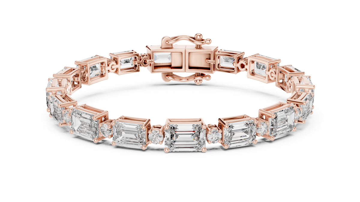 Emerald Cut Station Moissanite Link Bracelet in rose 925 sterling silver, view 1