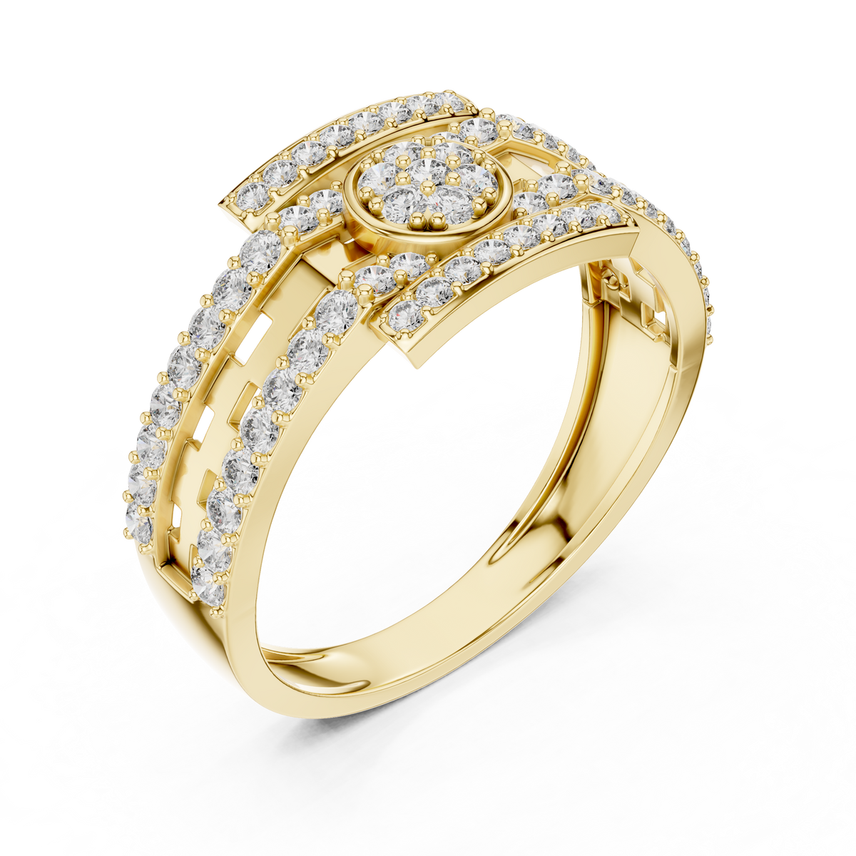 Round Cluster Multi-Row Moissanite Statement Band in yellow 925 sterling silver, view 2