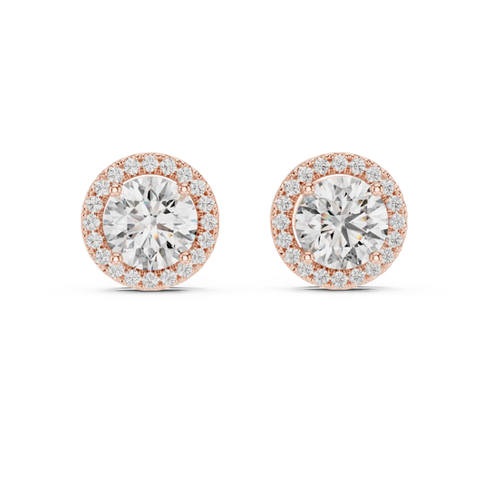 Round moissanite U-prong halo stud earrings in rose 925 sterling silver, view 4