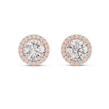 Round moissanite U-prong halo stud earrings in rose 925 sterling silver, view 4