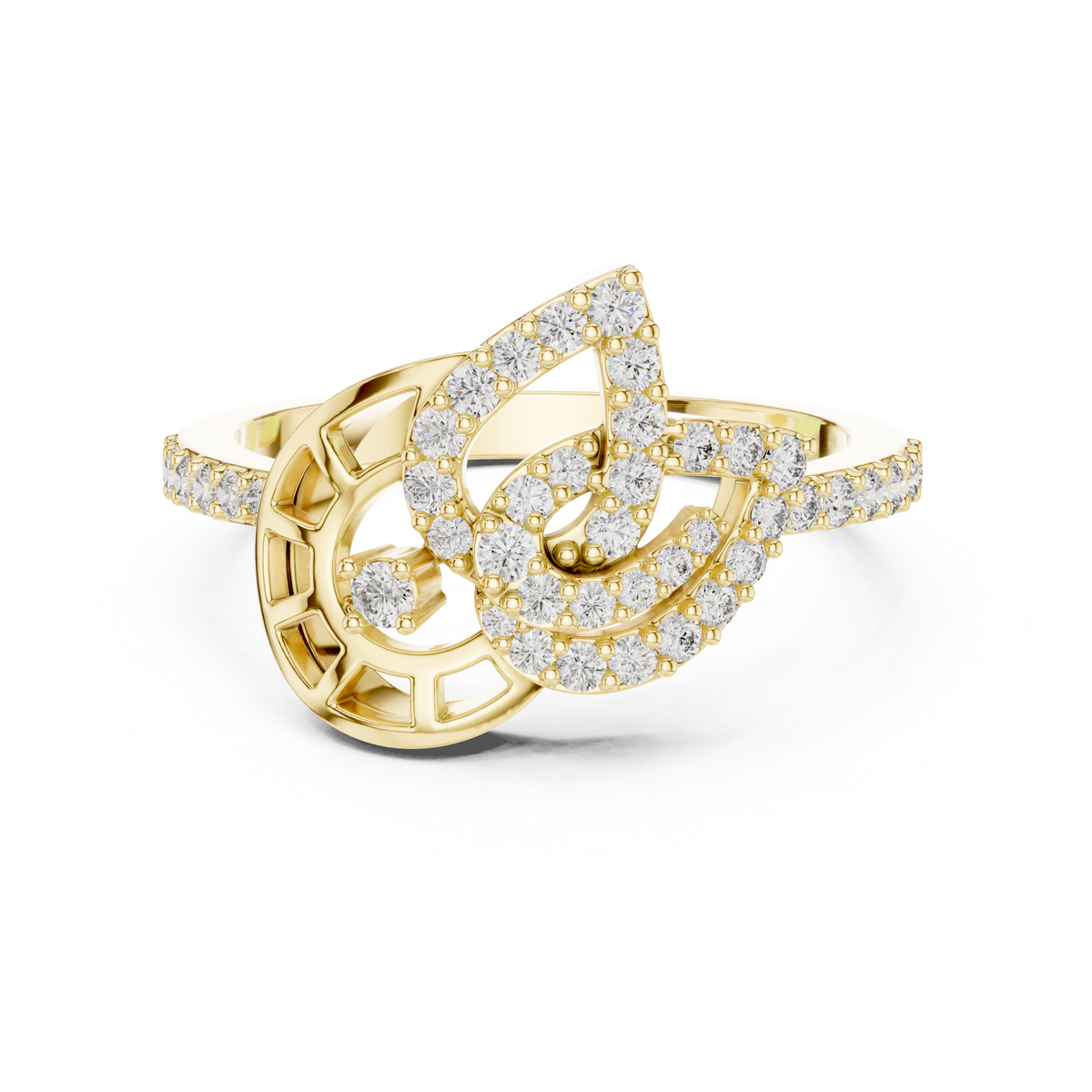Pavé Leaf and Nautilus Swirl Moissanite Ring in yellow 925 sterling silver, view 4