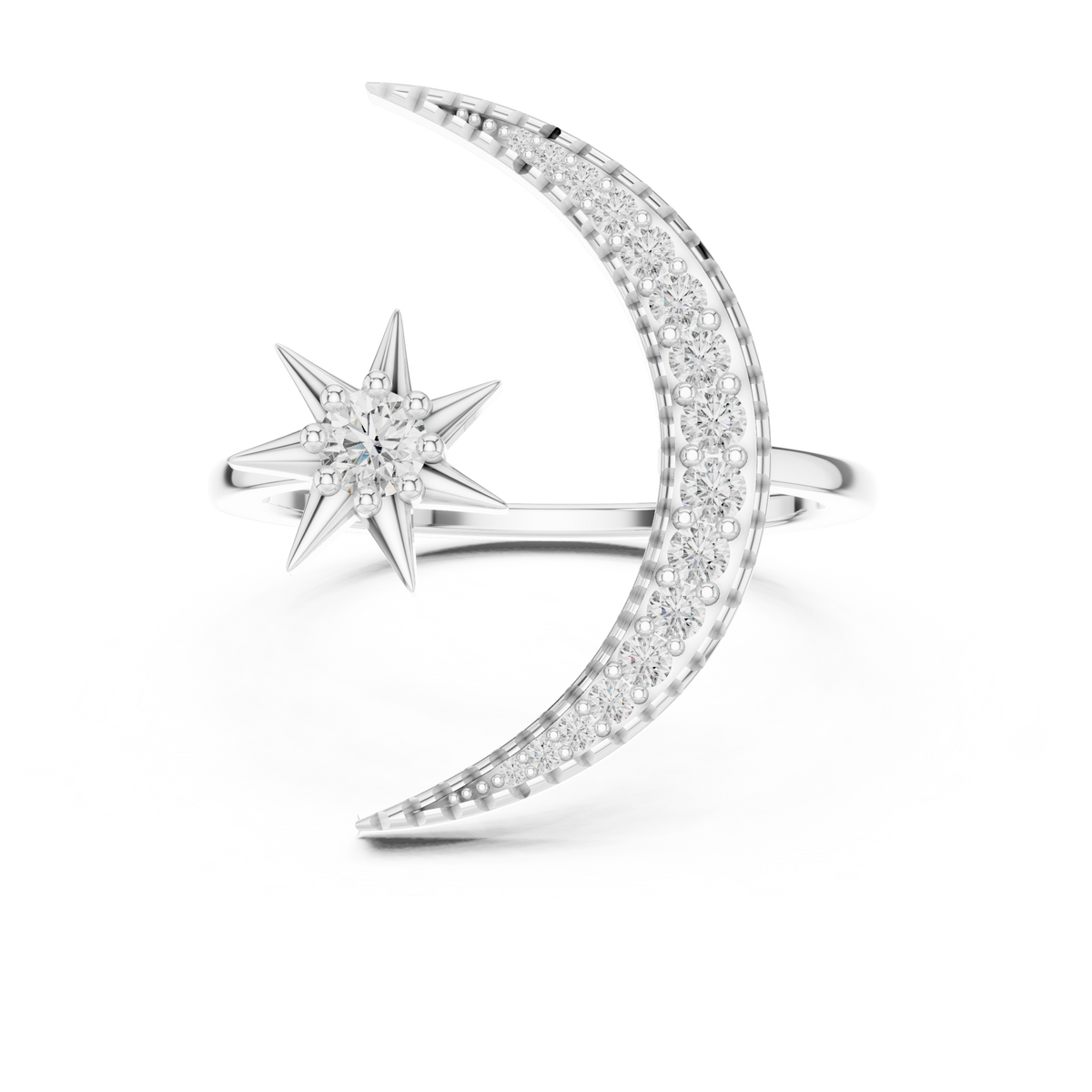 Crescent Moon and Star Moissanite Open Ring in white 925 sterling silver, view 4
