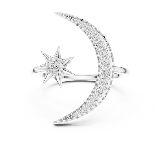 Crescent Moon and Star Moissanite Open Ring in white 925 sterling silver, view 4