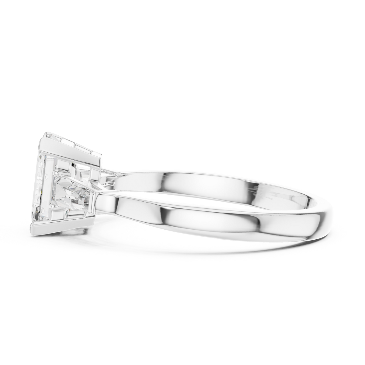 Emerald Cut Moissanite Ring with Tapered Baguette Sides in white 925 sterling silver, view 3