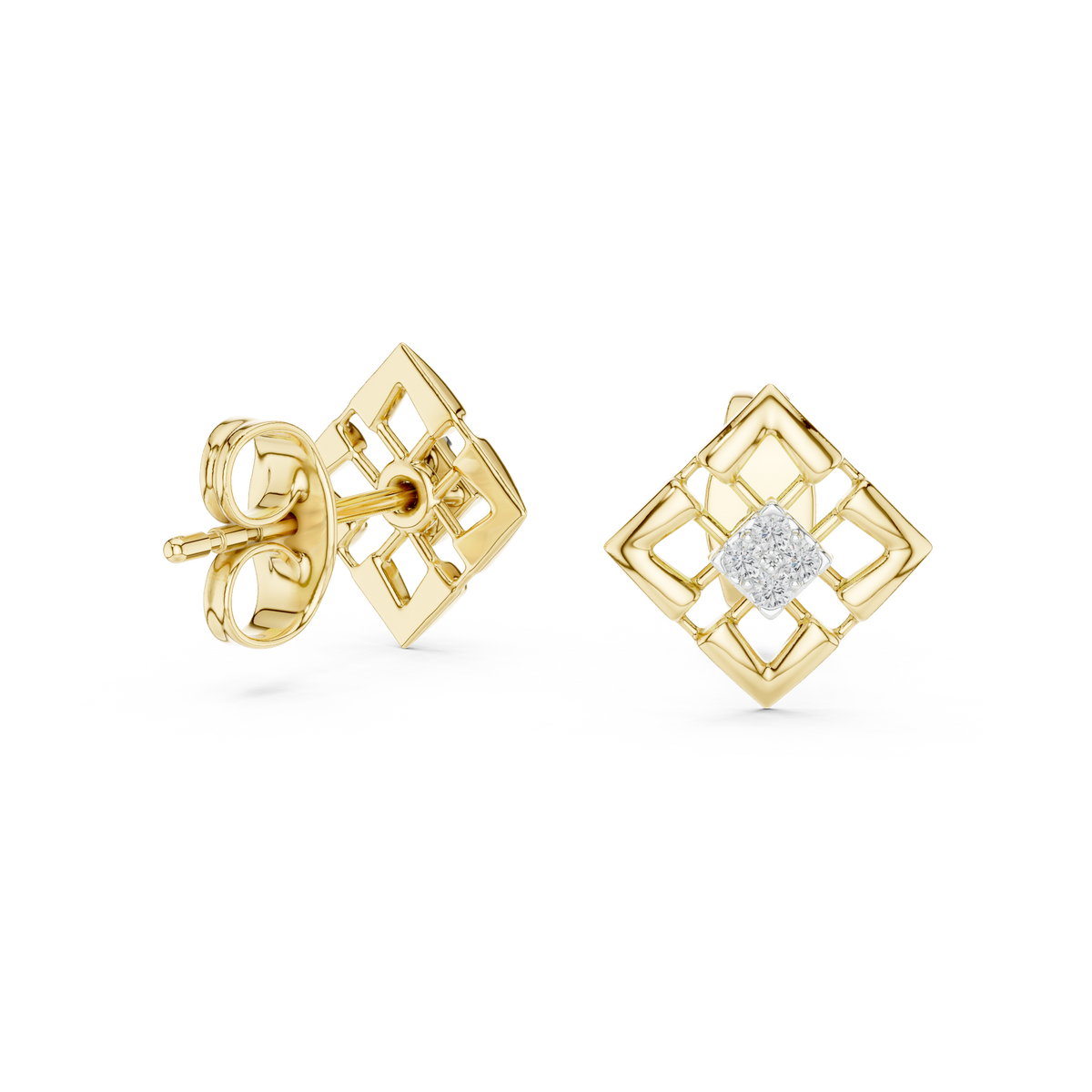 Moissanite Geometric Square Cluster Stud Earrings in yellow 925 sterling silver, view 1