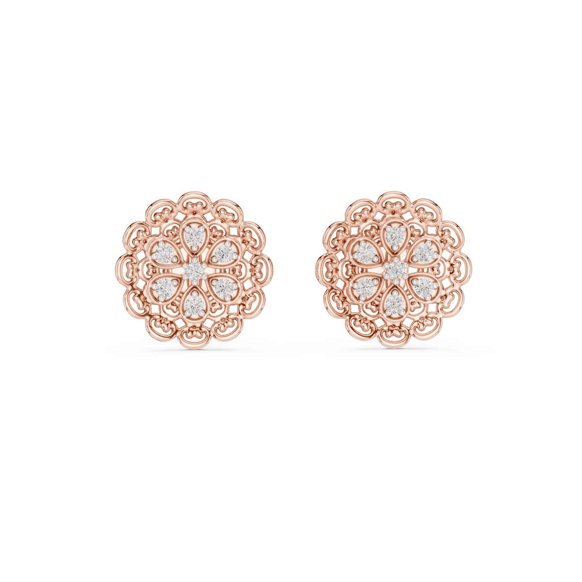 Moissanite Lace Medallion Stud Earrings in rose 925 sterling silver, view 4