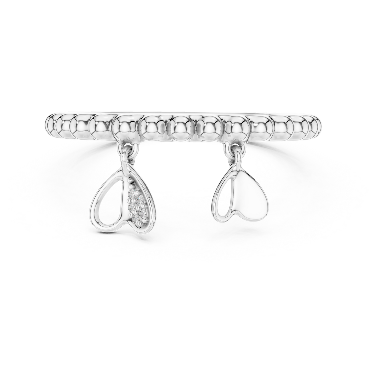 Beaded Band with Heart Charms Moissanite Ring in white 925 sterling silver, view 4