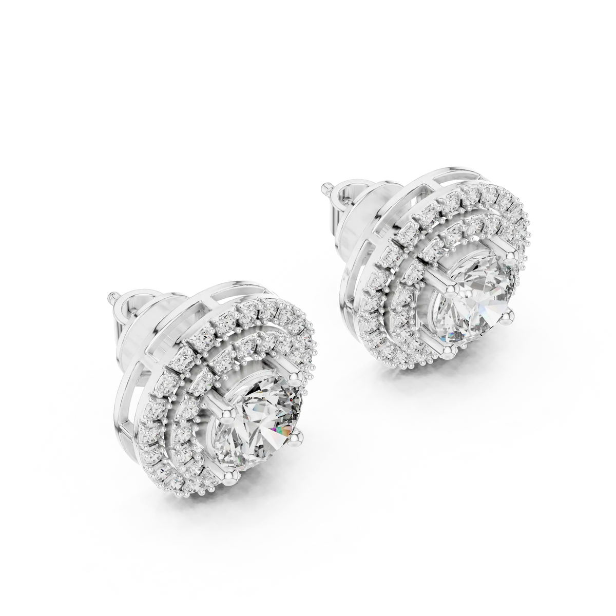 Round moissanite double halo stud earrings in white 925 sterling silver, view 2