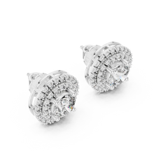 Round moissanite double halo stud earrings in white 925 sterling silver, view 2