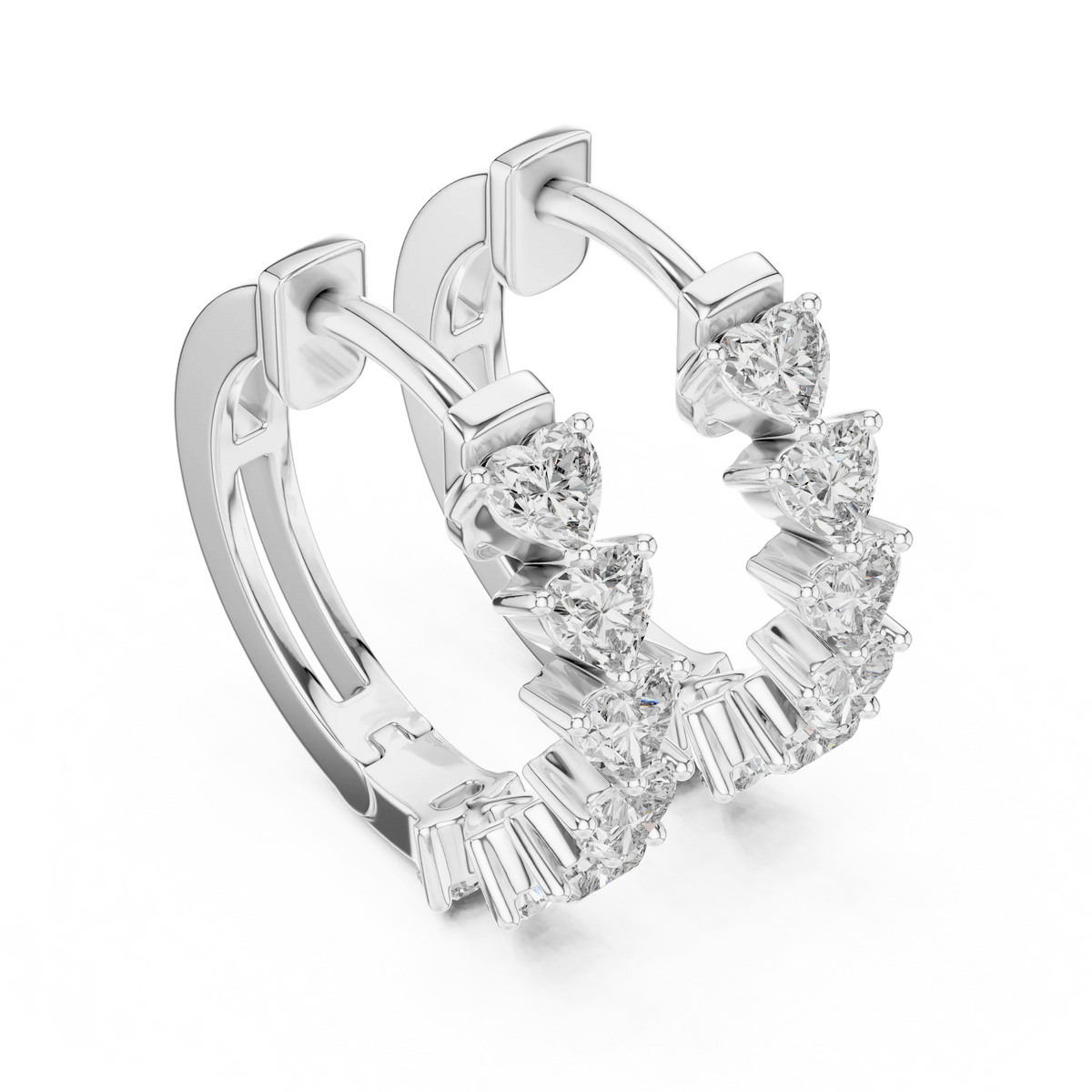 Heart moissanite huggie hoop earrings in white 925 sterling silver, view 2