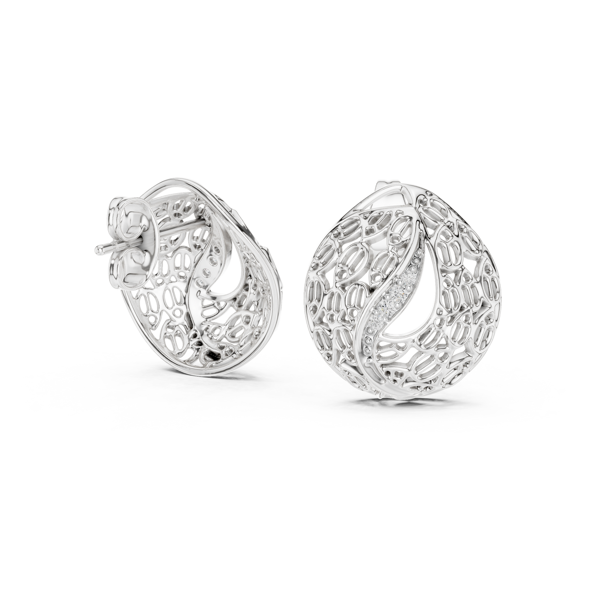 Moissanite Filigree Dome Stud Earrings in white 925 sterling silver, view 1